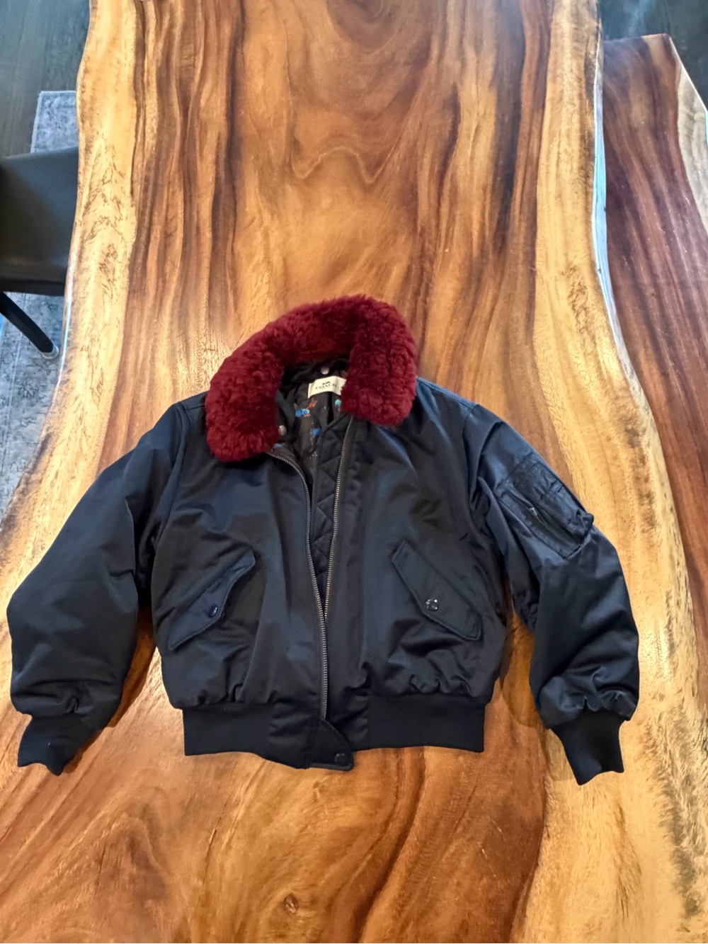 Coach Navy Jacket with Burgundy Faux Fur Trim